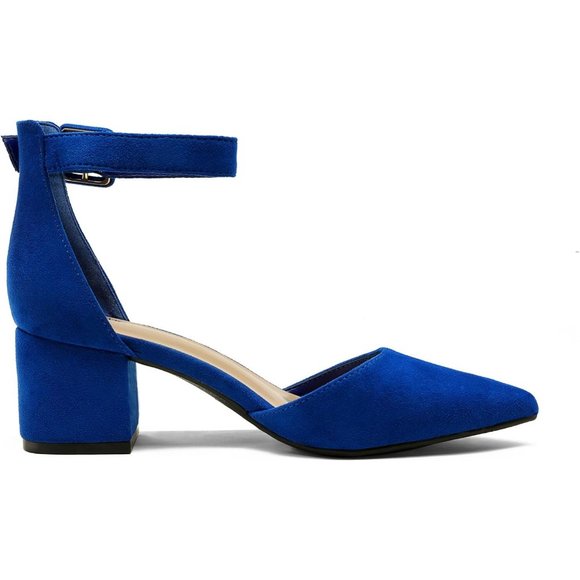 Women Pointed Toe Low Chunky Heels Pump Royal Blue Non-Slip Outsole Shoes - Picture 3 of 9